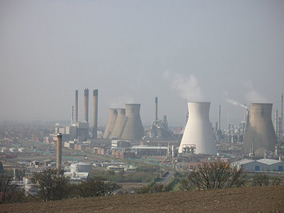 A group of industrial cooling towers