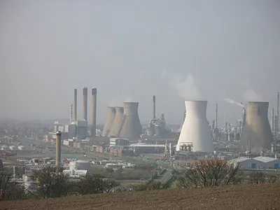 A group of industrial cooling towers