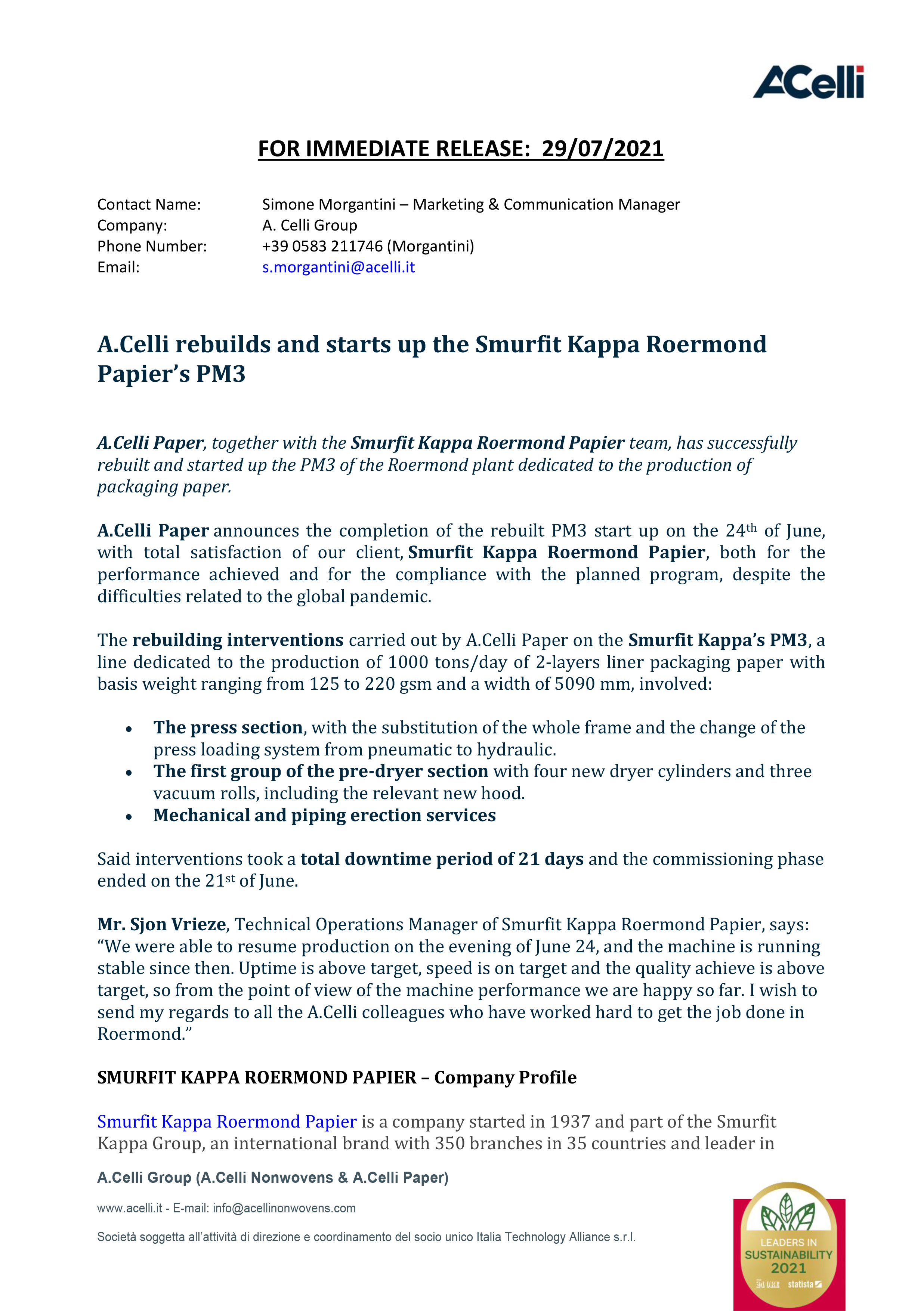 A.Celli rebuilds and starts up the Smurfit Kappa Roermond  Papier’s PM3