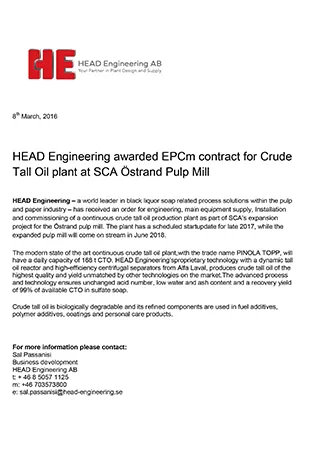 HEAD Engineering awarded EPCm contract for Crude Tall Oil plant at SCA ?strand Pulp Mill
