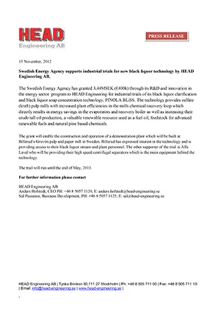 Swedish Energy Agency supports industrial trials for new black liquor technology by HEAD Engineering AB.