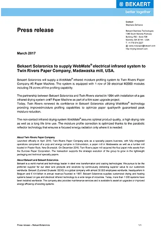 Bekaert Solaronics to supply WebMate? electrical infrared system to Twin Rivers Paper Company, Madawaska mill, USA.