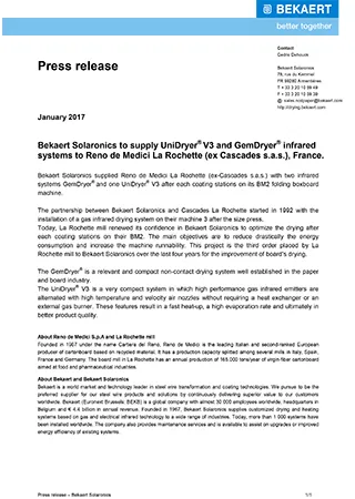 Bekaert Solaronics to supply UniDryer? V3 and GemDryer? infrared systems to Reno de Medici La Rochette (ex Cascades s.a.s.), France.