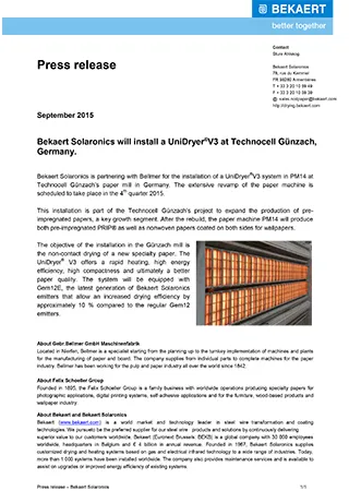 Bekaert Solaronics will install a UniDryer?V3 at Technocell G?nzach, Germany