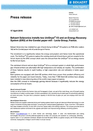 Bekaert Solaronics installs two UniDryer? V3and an Energy Recovery System (ERS) at the Condat paper mill - Lecta Group, France.