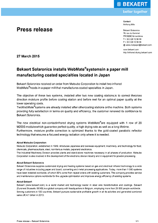 Bekaert Solaronics installs WebMate®systemsin a paper mill manufacturing coated specialties located in Japan