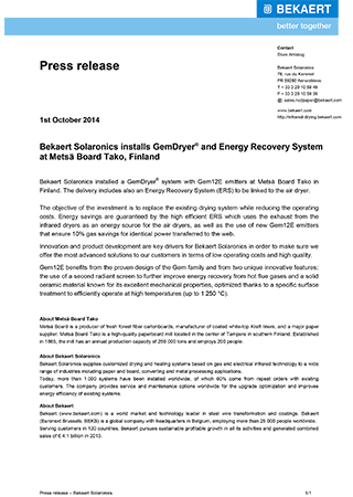 Bekaert Solaronics installs GemDryer® and Energy Recovery System at Metsä Board Tako, Finland