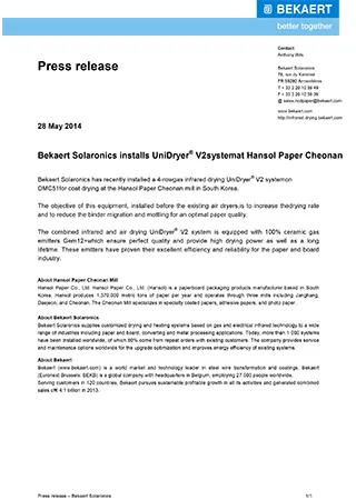 Bekaert Solaronics installs UniDryer?  V2 system at Hansol Paper Cheonan