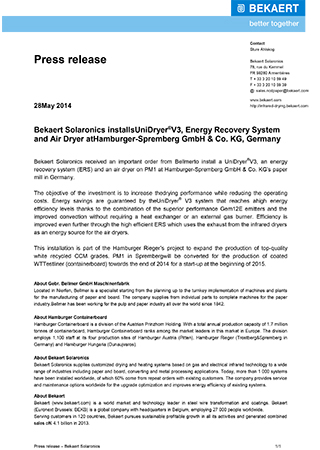 Bekaert Solaronics installsUniDryer® V3, Energy Recovery System and Air Dryer atHamburger-Spremberg GmbH & Co. KG, Germany