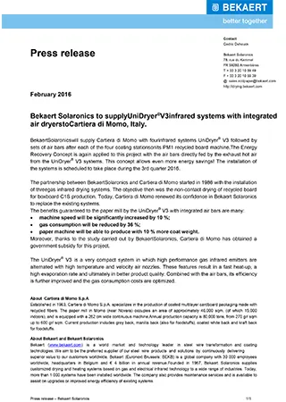 Bekaert Solaronics to supply UniDryer? V3 infrared drying systems and air bar dryers to Kyiv Cardboard & Paper Mill, Ukraine