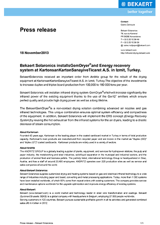 Bekaert Solaronics installsGemDryer®and Energy recovery system at KartonsanKartonSanayiveTicaret A.S. in Izmit, Turkey.