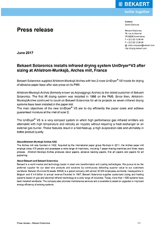 Bekaert Solaronics installs infrared drying system UniDryer?V3 after sizing at Ahlstrom-Munksj?, Arches mill, France