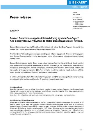 Bekaert Solaronics supplies infrared drying system GemDryer? and Energy Recovery System to Mets? Board Kyr?skoski, Finland
