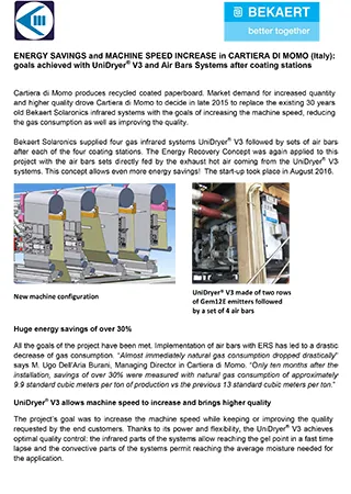 ENERGY SAVINGS and MACHINE SPEED INCREASE in CARTIERA DI MOMO (Italy): goals achieved with UniDryer? V3 and Air Bars Systems after coating stations