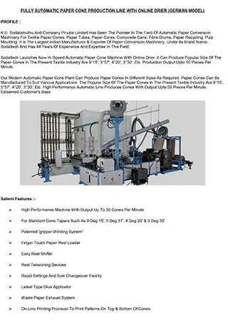 FULLY AUTOMATIC PAPER CONE PRODUCTION LINE WITH ONLINE DRIER (GERMAN MODEL)
