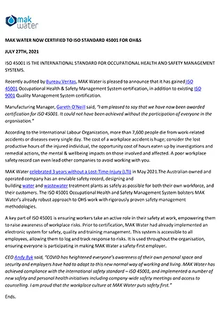 MAK WATER NOW CERTIFIED TO ISO STANDARD 45001 FOR OH (1)