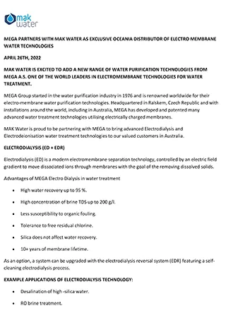 MEGA PARTNERS WITH MAK WATER AS EXCLUSIVE OCEANIA DISTRIBUTOR OF ELECTRO MEMBRANE WATER TECHNOLOGIES-1