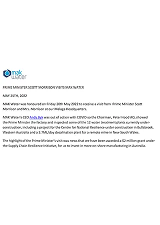 PRIME MINISTER SCOTT MORRISON VISITS MAK WATER