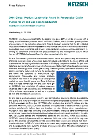 2014 Global Product Leadership Award in Progressive Cavity Pumps for Oil and Gas goes to NETZSCH