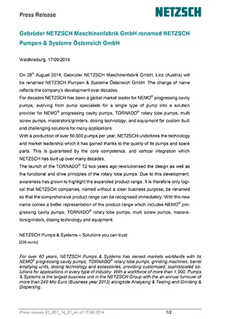 Gebr?der NETZSCH Maschinenfabrik GmbH renamed NETZSCH Pumpen & Systeme ?sterreich GmbH