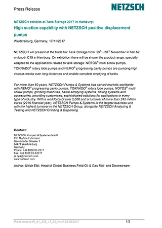 High suction capability with NETZSCH positive displacement pumps