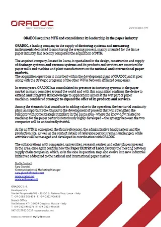 ORADOC acquires MTK and consolidates its leadership in the paper industry