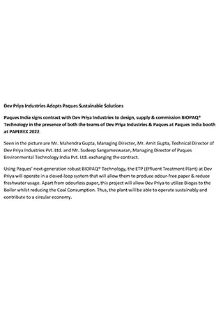Dev Priya Industries Adopts Paques Sustainable Solutions