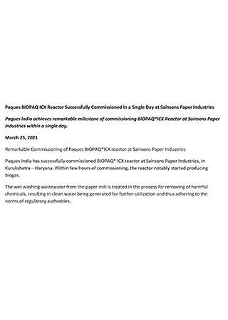 Paques BIOPAQ ICX Reactor Successfully Commissioned in a Single Day at Sainsons Paper Industries