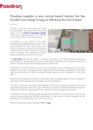 Pasaban supplies a new carton board sheeter for the Pyroll Converting Group in Siltakyla Service Centre