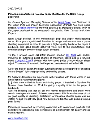 Pasaban manufactures two new paper sheeters for the Naini Group paper mill