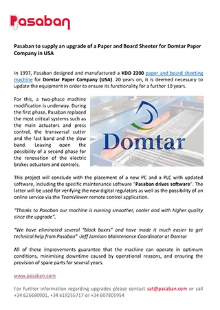 Pasaban to supply an upgrade of a Paper and Board Sheeter for Domtar Paper Company in USA