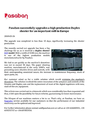 Pasaban successfully upgrades a high production Duplex sheeter for an important mill in Europe