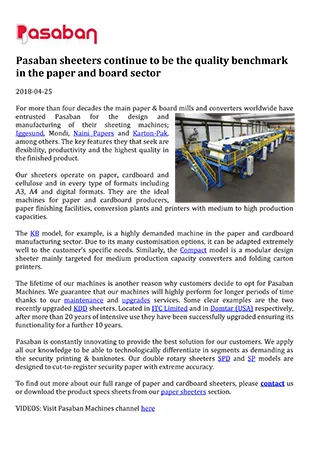 Pasaban sheeters continue to be the quality benchmark in the paper and board sector