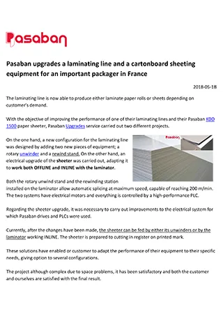 Pasaban upgrades a laminating line and a cartonboard sheeting equipment for an important packager in France