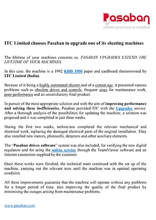 ITC Limited chooses Pasaban to upgrade one of its sheeting machines