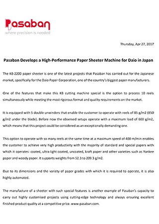 Pasaban Develops a High-Performance Paper Sheeter Machine for Daio in Japan