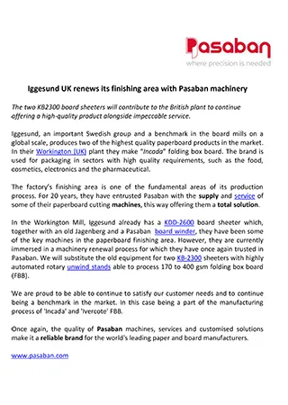 Iggesund UK renews its finishing area with Pasaban machinery