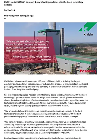Klabin trusts PASABAN to supply 2 new sheeting machines with the latest technology updates