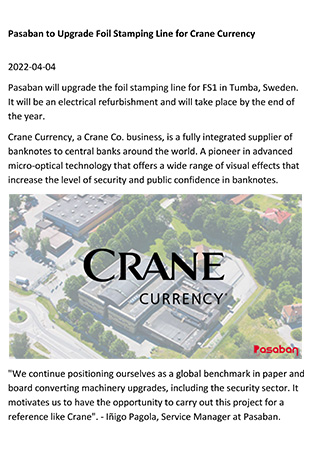 Pasaban to Upgrade Foil Stamping Line for Crane Currency