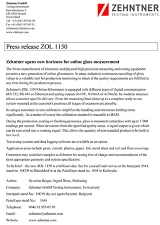 Zehntner opens new horizons for online gloss measurement
